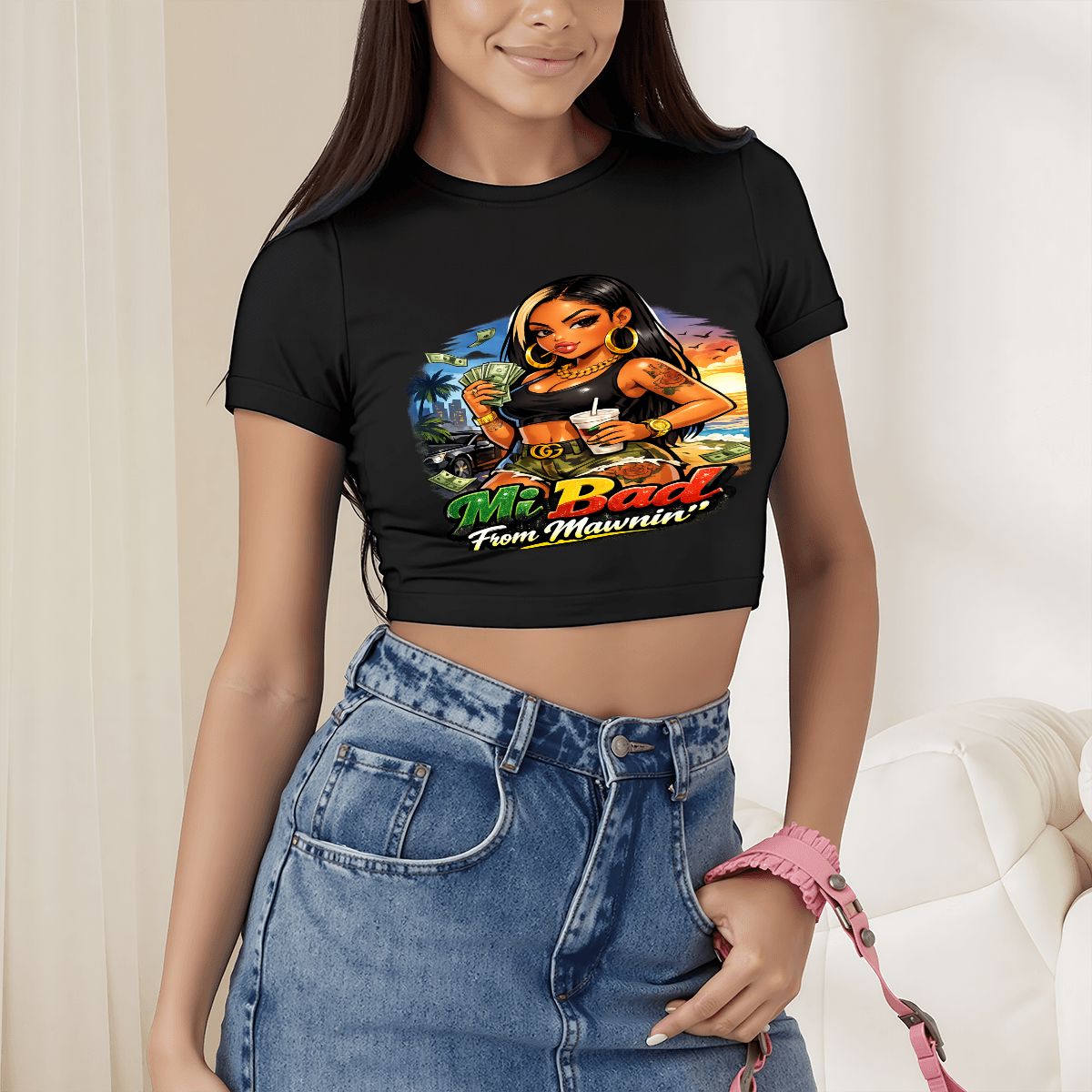 "Mi Bad From Mawnin'" Graphic Crop T-Shirt
