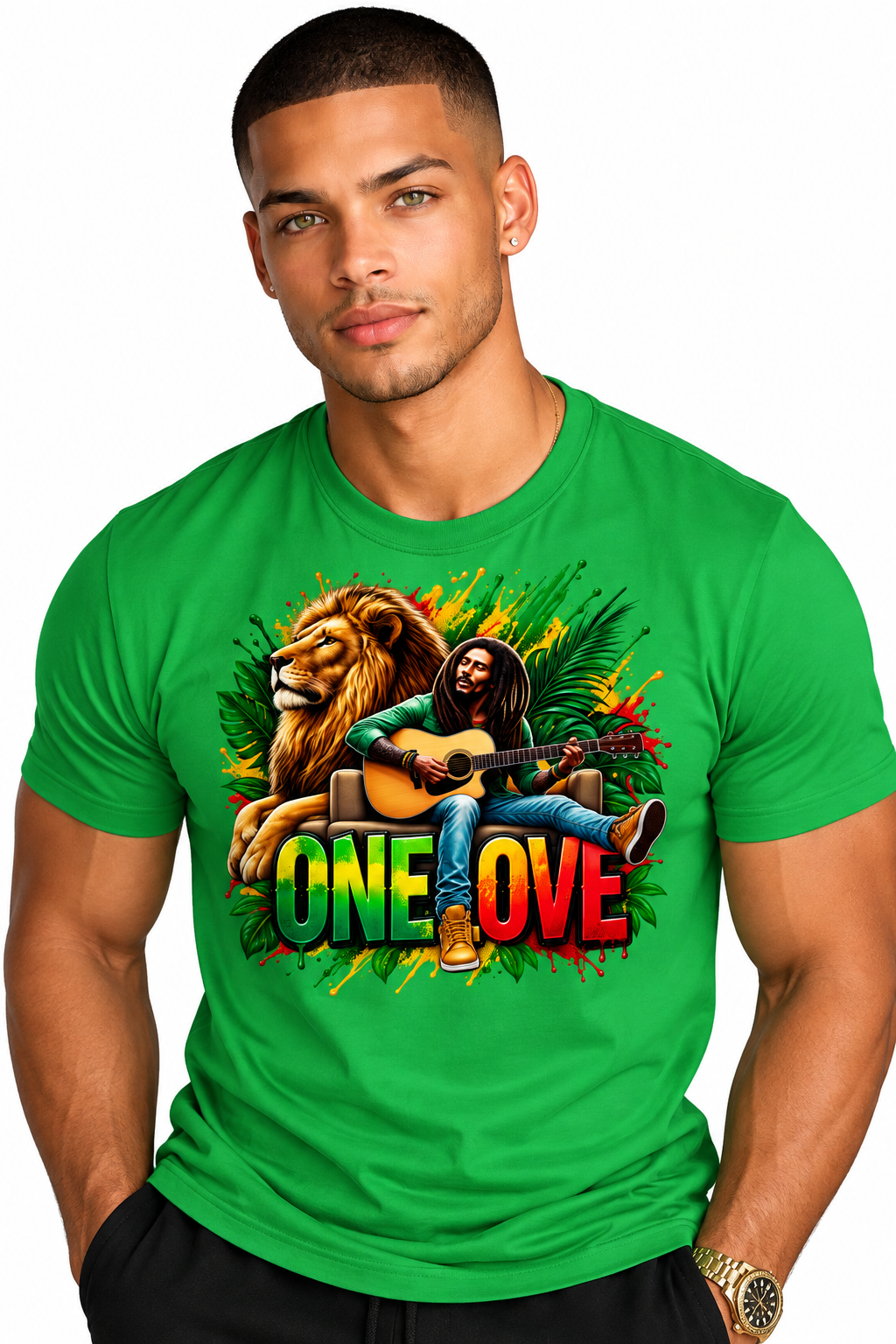 One Love Lion & Guitar Graphic T-Shirt
