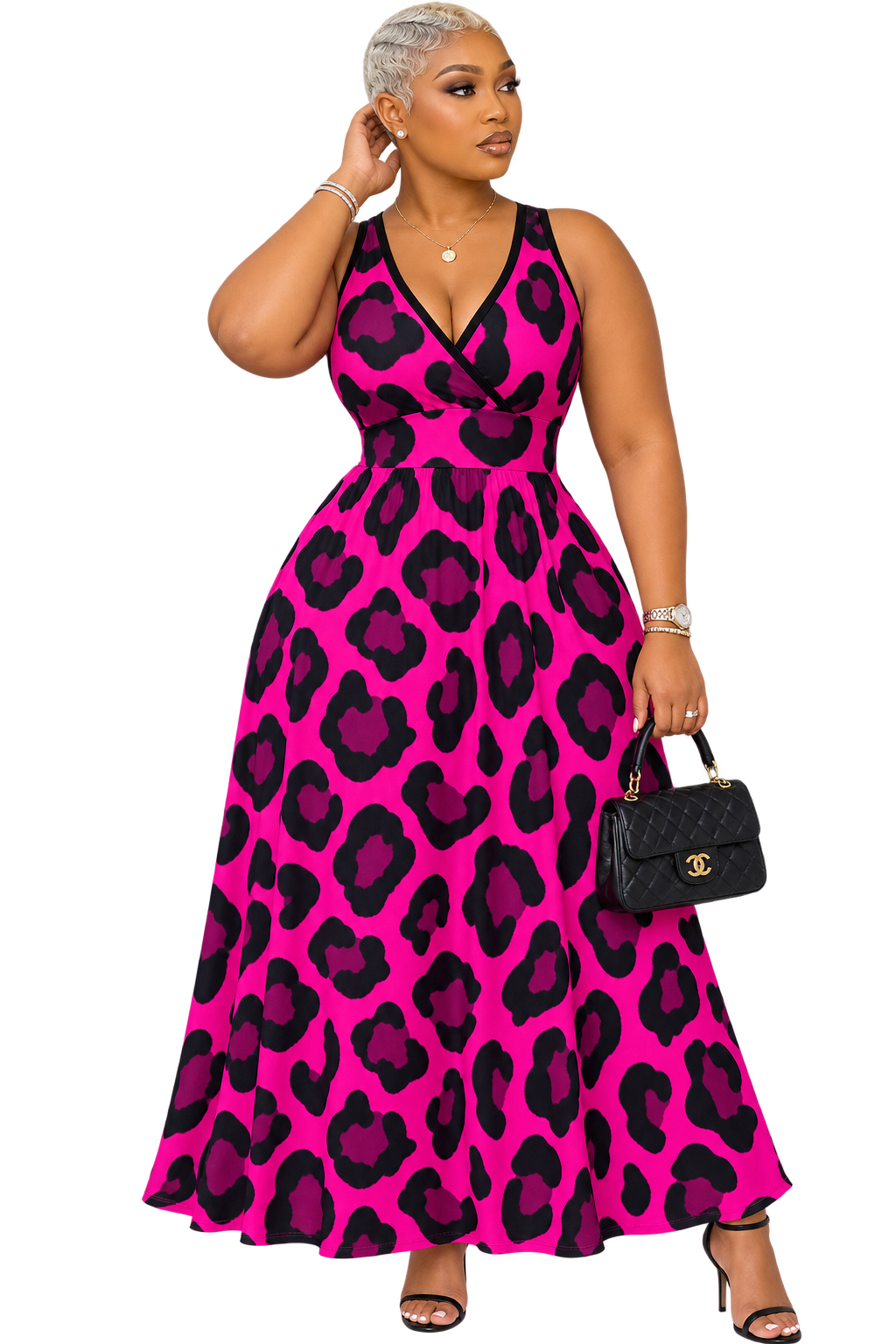Pink Leopard Print V-Neck Maxi Dress