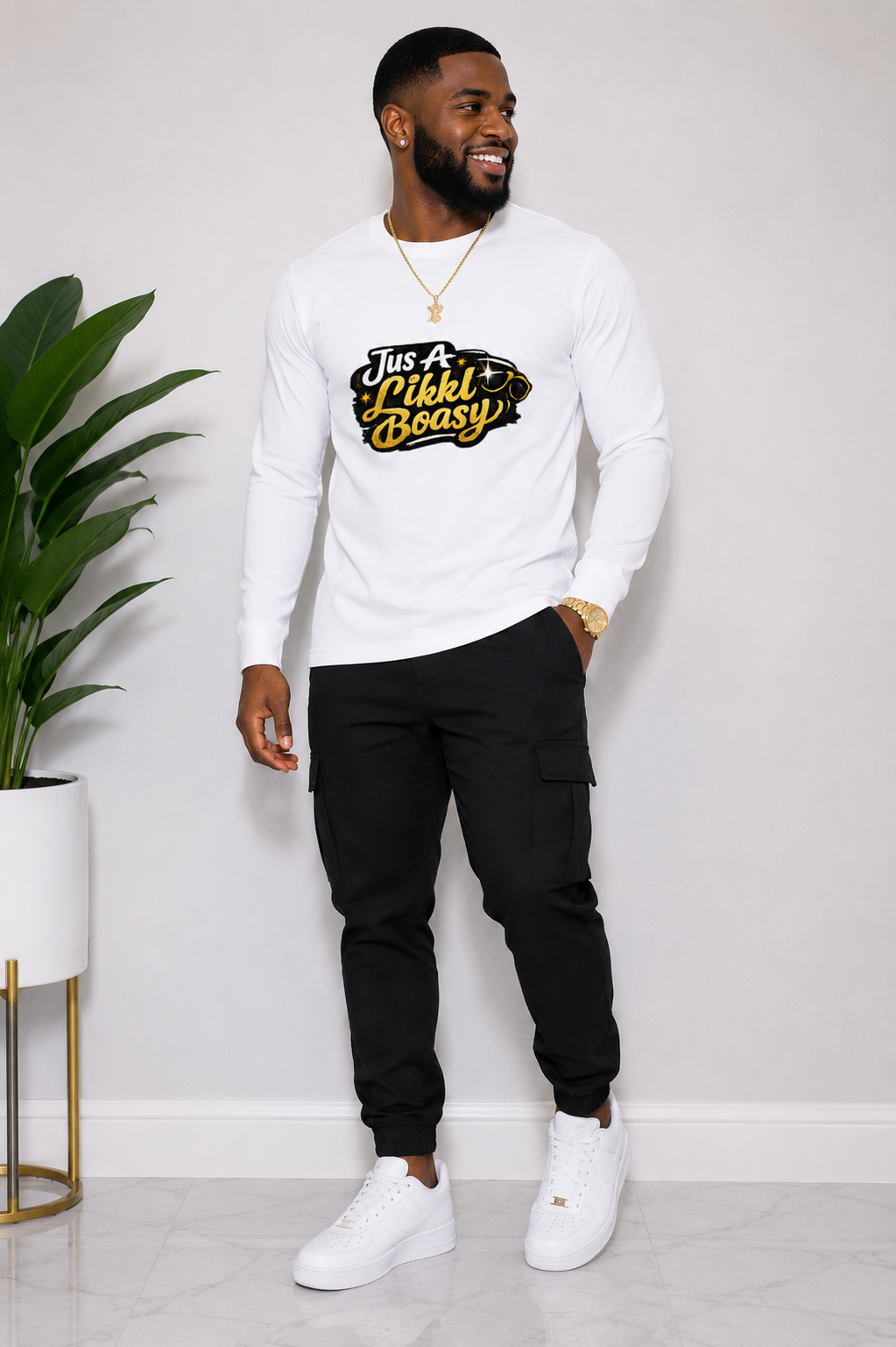 Jus A Likkle Boasy Long Sleeve Fitted Crew Shirt